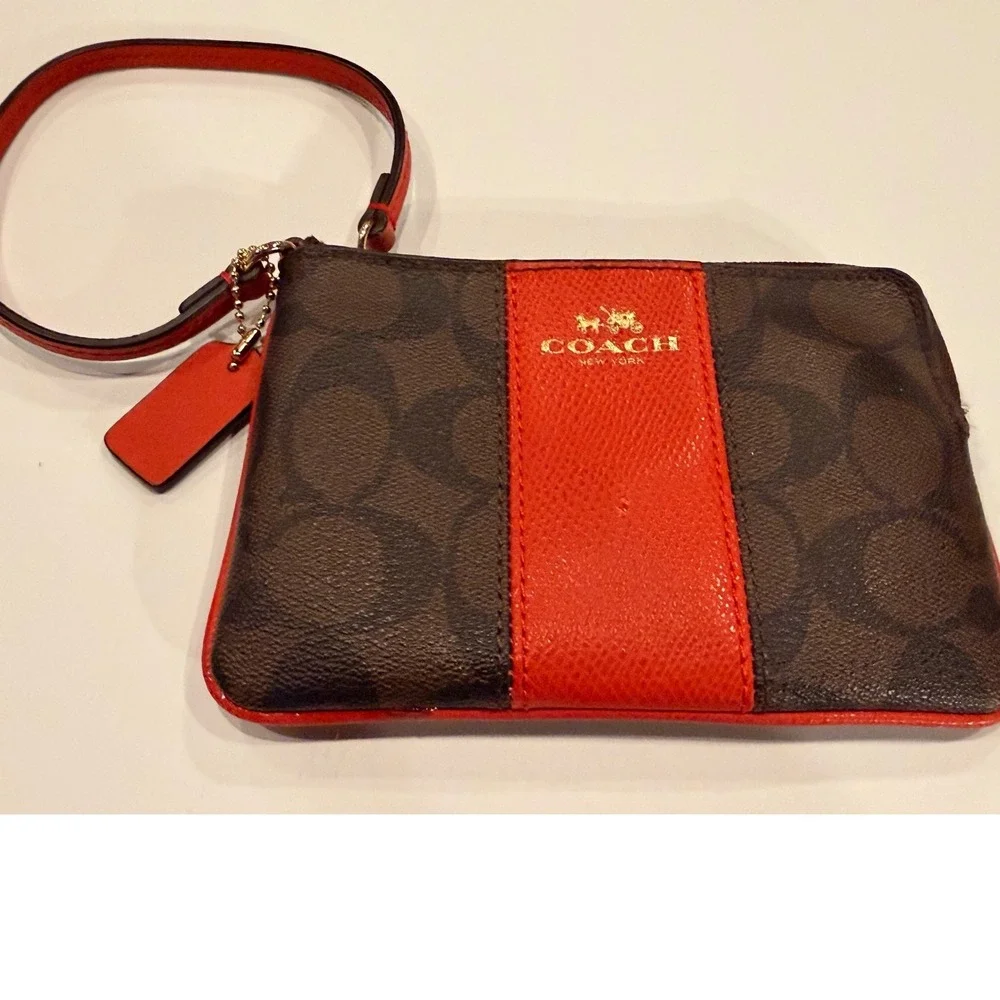 Coach Signature Brown and Orange Stripe Corner Zip Wristlet Small Bag
